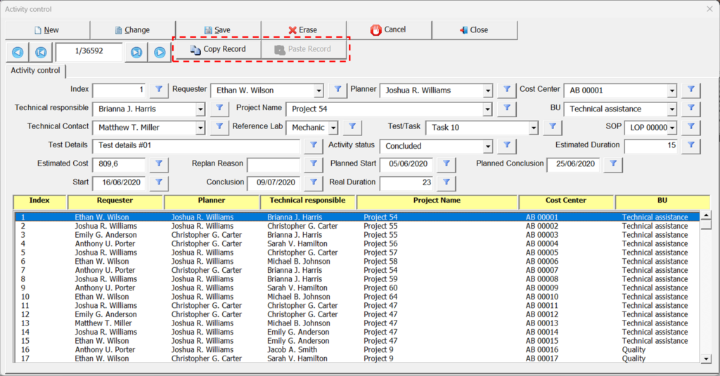 Next to the navigation buttons are copy and paste buttons. These buttons can be used to copy all data from one line and paste it into another line, thus facilitating repetitive data entry