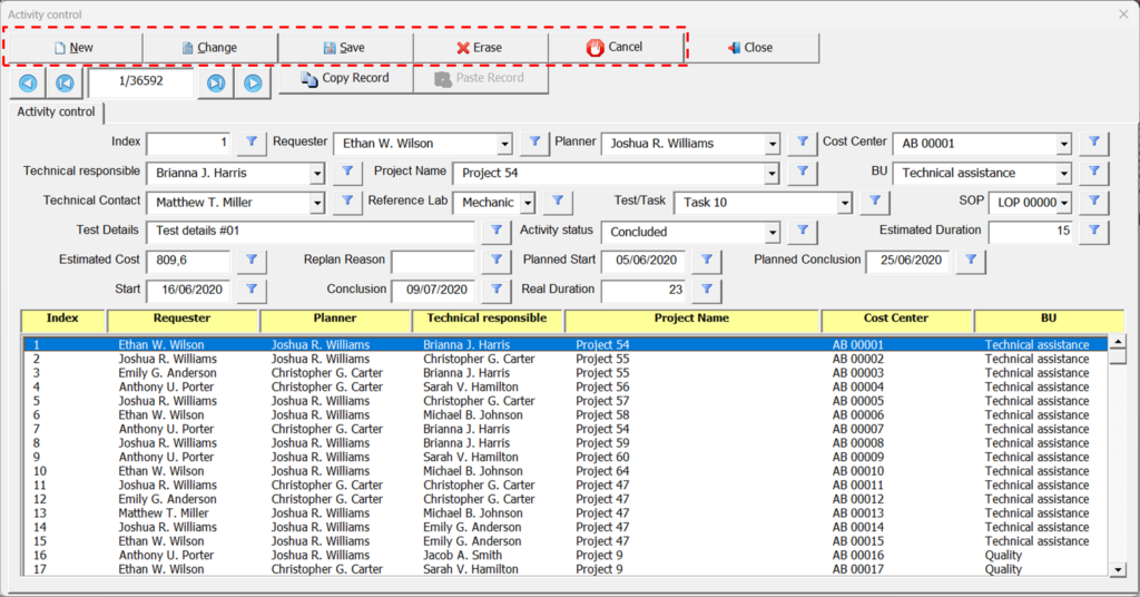 At the top of the form are the editing buttons (New, Change, Save, Erase and Cancel)