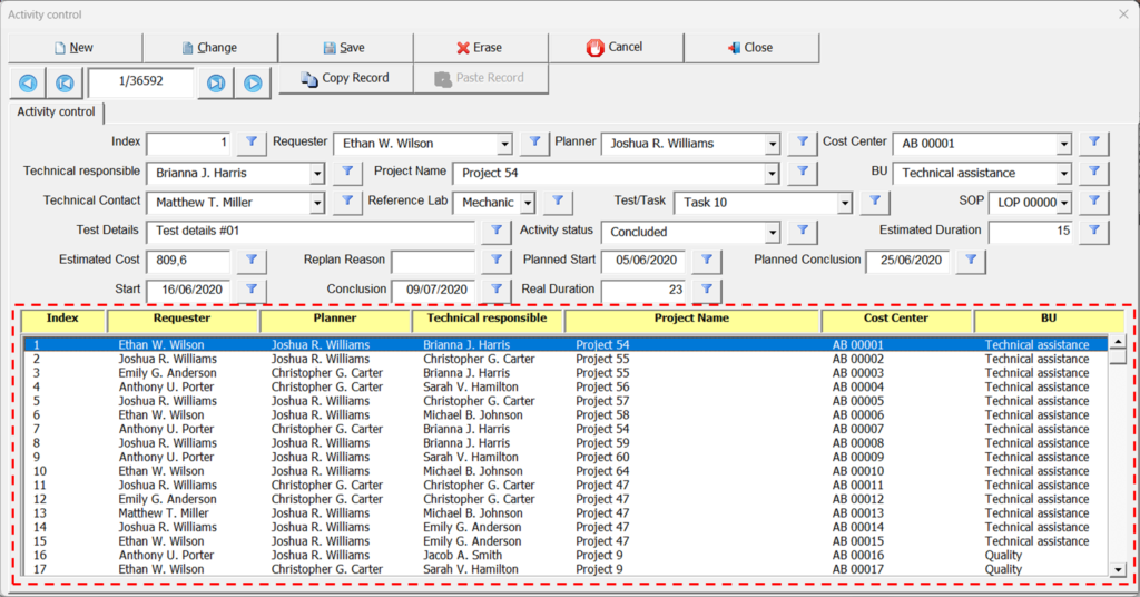 At the bottom of the screen, a list-type object is positioned to facilitate data visualization and navigation through records